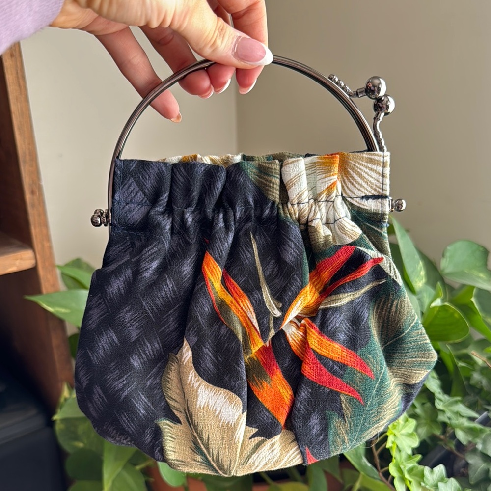 Floral Mini Handbag with Metal Handle - Black & Multicolor